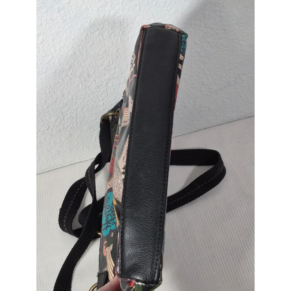 Sakroots Artist Circle Crossbody Bag Black Peace Nature Bird Print Coated Canvas